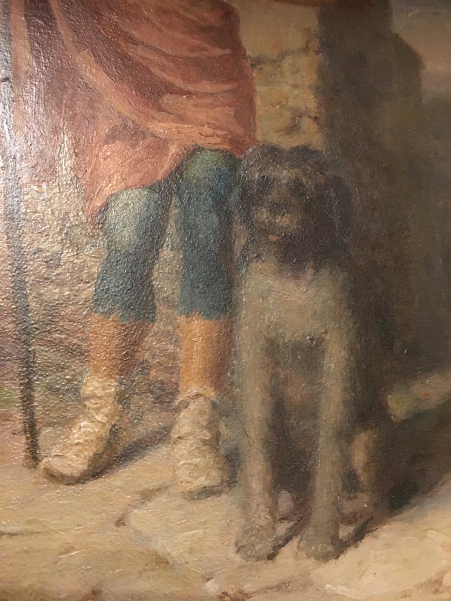 Tableau Représentant Un Pèlerin Ou Un Mendiant et son Chien  .  Huile Sur Carton -photo-4